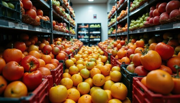 A supermarket aisle filled with neatly arranged fresh oranges and other fruits in red crates under bright lighting.