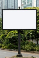Billboard Mockup Standing Tall in Urban Landscape; Eye-Level Shot of Blank Advertising Space in City Park; Modern Buildings Backdrop