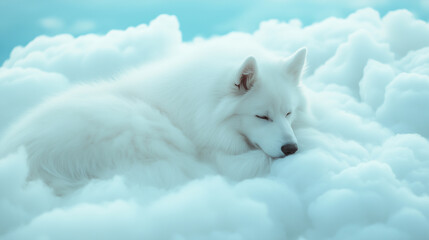 Obraz premium Sleeping samoyed dog on a clouds - dog heaven