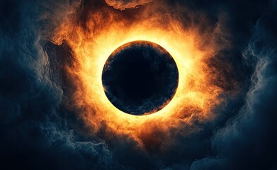 Fiery eclipse piercing dark clouds