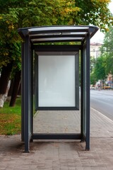 Empty Bus Stop Advertisement Display on City Street in Autumn Season Day Close Up Front View