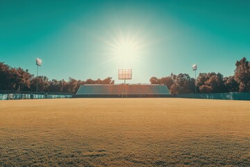 A sunlit soccer field with lush grass and empty bleachers under a clear blue sky.