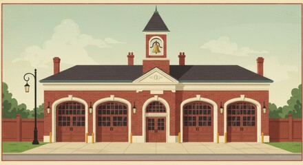 Classic Brick Fire Station Building Exterior Illustration