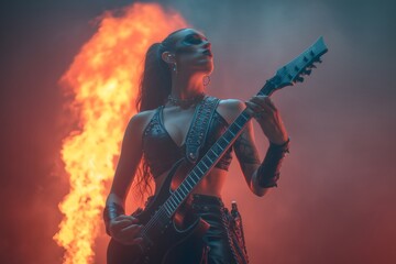 Female Metal Guitarist Performing on Stage with Fire Background