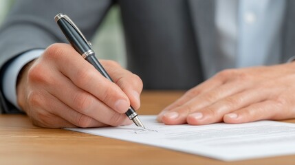 Person Signing Document with Pen on Desk Close-up