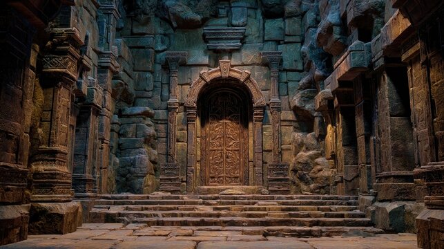 An expansive dungeon looms ominously with cracked stone walls and a smell of damp earth. Shadows flicker as torchlight reveals hidden paths while echoes of distant growls send shivers