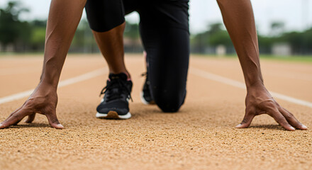 Athletic individual preparing to sprint on a track, positioned in a starting stance with hands on the ground, showcasing determination and focus in a competitive environment
