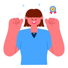 happy woman celebrating success with a fist pump and gold medal ribbon icon, achievement, reward, winner mindset, personal growth, motivation, and goal accomplishment concept, flat vector illustration