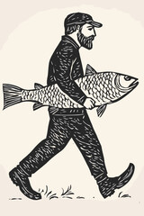Fisherman Carrying a Giant Fish Illustration