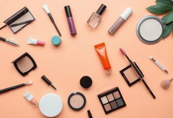 Peach background, overhead flatlay of cosmetics & makeup products Ample empty space,  elegant,  products shot