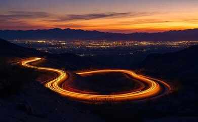 Winding road at sunset over city lights