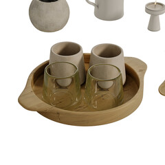 A wooden tray with two glasses and a cup on it
