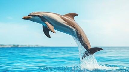A happy cartoon dolphin jumping out of the water under a bright blue sky.