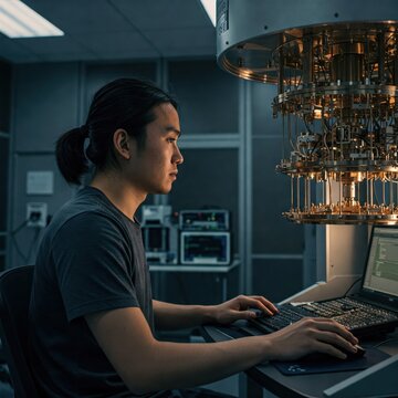 Scientist working on quantum computer in high-tech laboratory