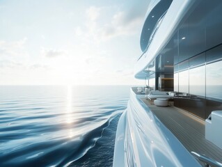 Obraz premium Luxury Yacht Sailing on Open Ocean at Sunrise; Modern Design, Glass Balcony, White Exterior, Calm Waters, Coastal View, Lifestyle, Travel