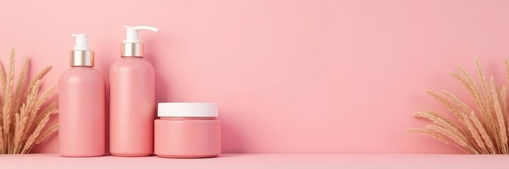 Photo of three skincare bottles on pink pastel background with pampas grass, pastel, skincare, background