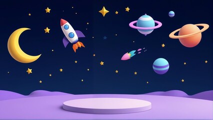 3d kid background. Galaxy space podium, rocket planet and toy spaceship as star children products promo presentation, birthday room. Cute cartoon childish banner backdrop. Vector showcase