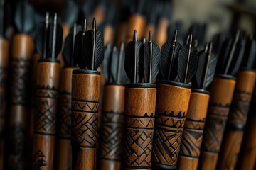 Fototapeta premium Intricately carved wooden arrows with black fletchings, arranged beautifully in a rustic display.