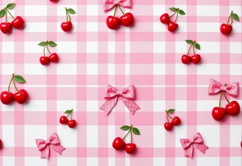 Pink and white plaid background with repeating cherries and bows; coquette aesthetic, pattern design, wrapping paper