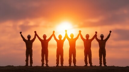 Team Celebrating Success at Sunset with Arms Raised