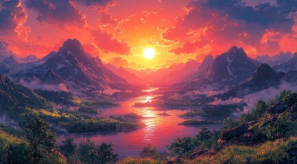 Sunset illuminates mountain and lake scene