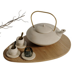 Fototapeta premium A white tea kettle sits on a wooden tray with a teacup and saucer