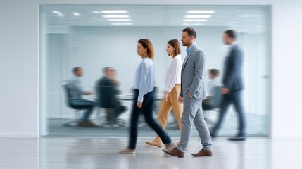 Business People Walking in Modern Office Hallway