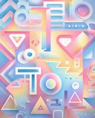 Pastel colored geometric shapes, including triangles, circles, squares, and hearts, combine to form a visually engaging abstract background with a textured, grainy surface
