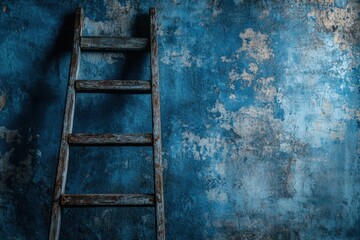 An aged wooden ladder against a textured blue wall, creating a moody and artistic ambiance.