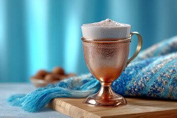 Swirling frothy Turkish ayran in copper goblet on wooden board. Soft blue background with blurred Anatolian carpet creates a calming atmosphere