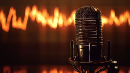Close-up of a vintage microphone against a fiery background.