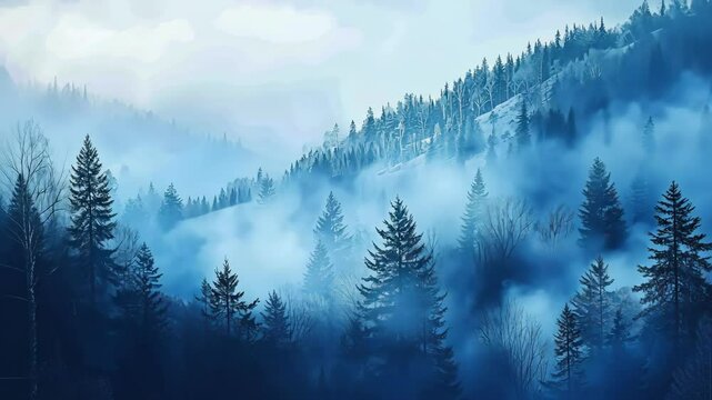 coniferous forest covered in dense fog at the bottom of the mountain with snow on top