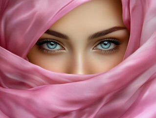 Beautiful middle eastern woman with blue eyes wearing a pink veil