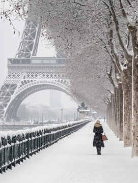 Woman walking near eiffel tower during snowfall in paris