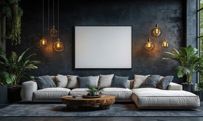 Modern, stylish living room with blank art display.
