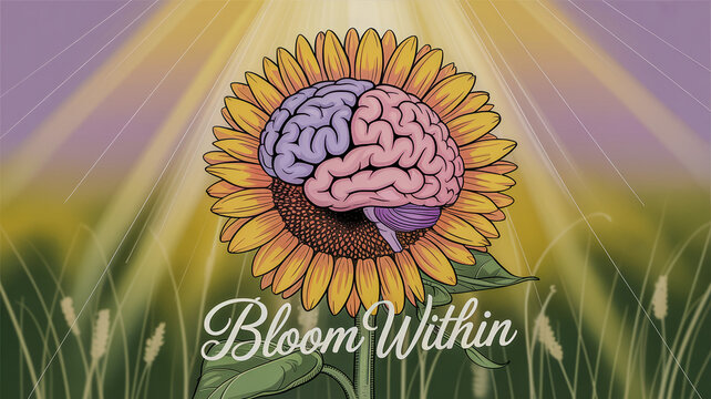 Human brain maturate from a flower symbolizing creative thinking and positive position 