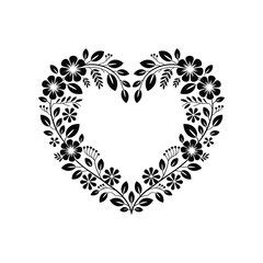 Floral Heart Silhouette with Decorative Flowers and Leaves Vector Design