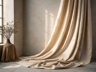 High-resolution photo of beige linen drapery with soft vertical folds, hanging against a neutral wall, warm natural daylight, gentle shadows, minimal and elegant fabric background.