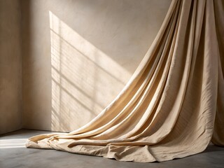 High-resolution photo of beige linen drapery with soft vertical folds, hanging against a neutral wall, warm natural daylight, gentle shadows, minimal and elegant fabric background.