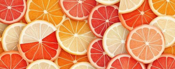 A vibrant pattern of assorted citrus fruit slices in shades of orange, red, and yellow arranged in a seamless background.