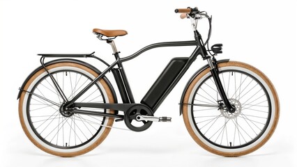 Sleek electric bicycle featuring a black frame, tan leather seat and handlebars, light brown tires, and a central battery pack on a white background.