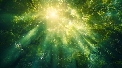 Obraz premium Sunlit Canopy: A breathtaking view from beneath, as sunlight pierces through a lush forest canopy, creating a symphony of light and shadow, painting a vibrant scene of nature's beauty.