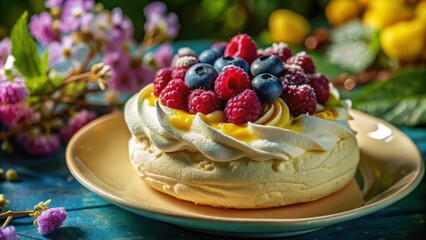 Delicate Pavlova with Whipped Cream, Fresh Raspberries, and Blueberries, Garnished with Lemon Curd, on a Blue Wooden Background