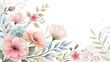 Obraz premium Watercolor floral illustration with pink, peach, and blue flowers on white backdrop