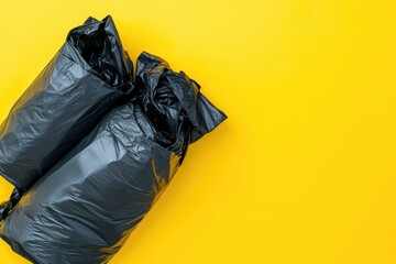 Two crumpled black garbage bags on yellow