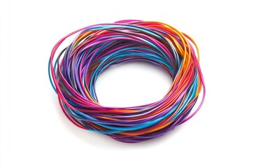 Colorful wires in a circular coil, various vibrant hues.  Close-up view against a white background