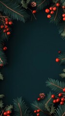 Festive Holiday Frame with Pine Branches Holly Berries and Cones on Dark Teal Background Overhead Shot