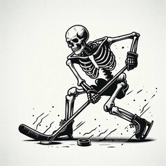 Skeletal Hockey Player in Action with Puck and Stick