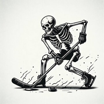 Skeletal Hockey Player in Action with Puck and Stick