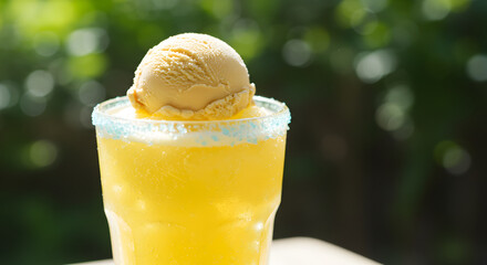Refreshing Mango Ice Cream Float In Summer Blurs With Sunlight